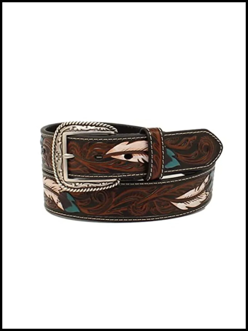 Brown Leather Western Belt with Embossed Floral Feather Design